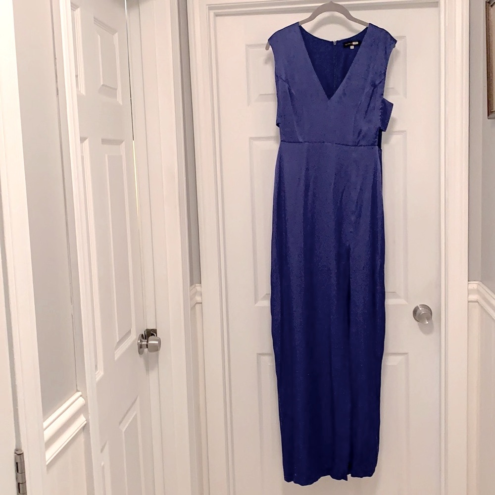 Slate and willow purple v neck gown with high front slit!